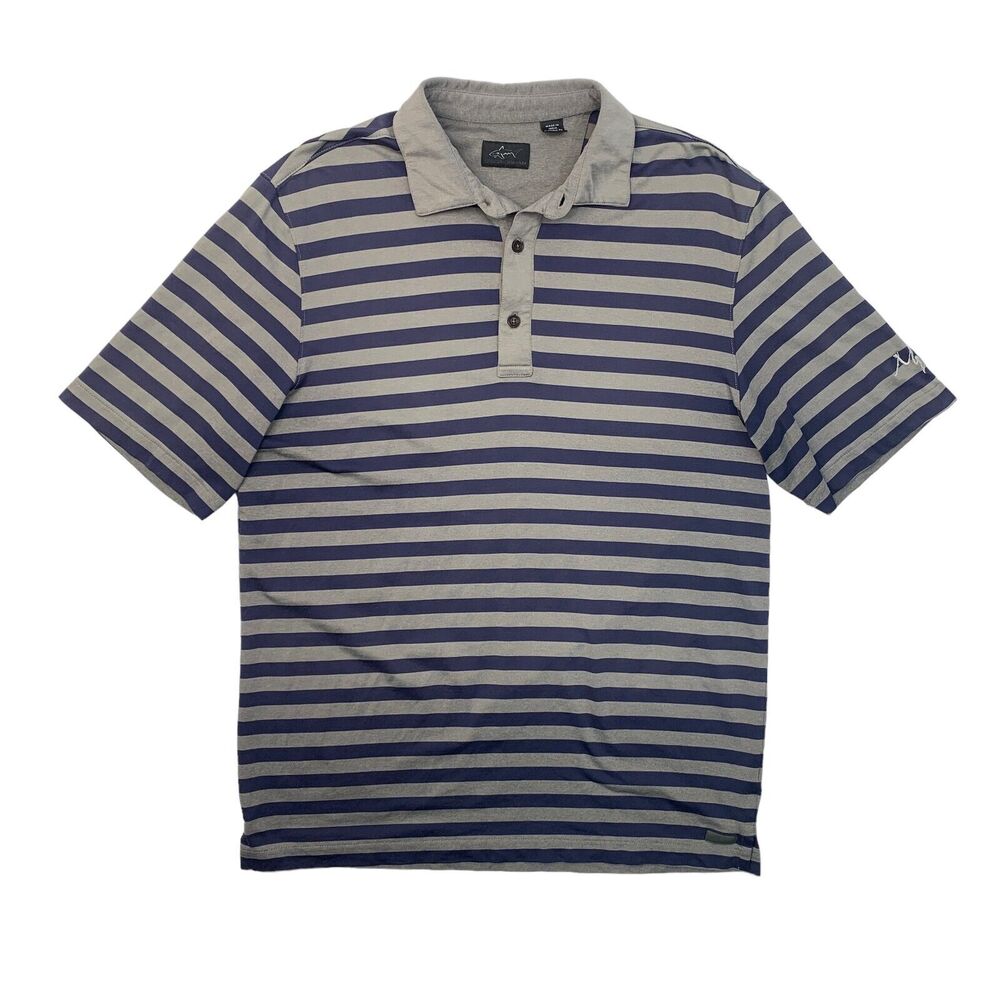 Greg Norman Polo Shirt Mens M Medium Navy Gray Cotton Blend Striped Golf *READ